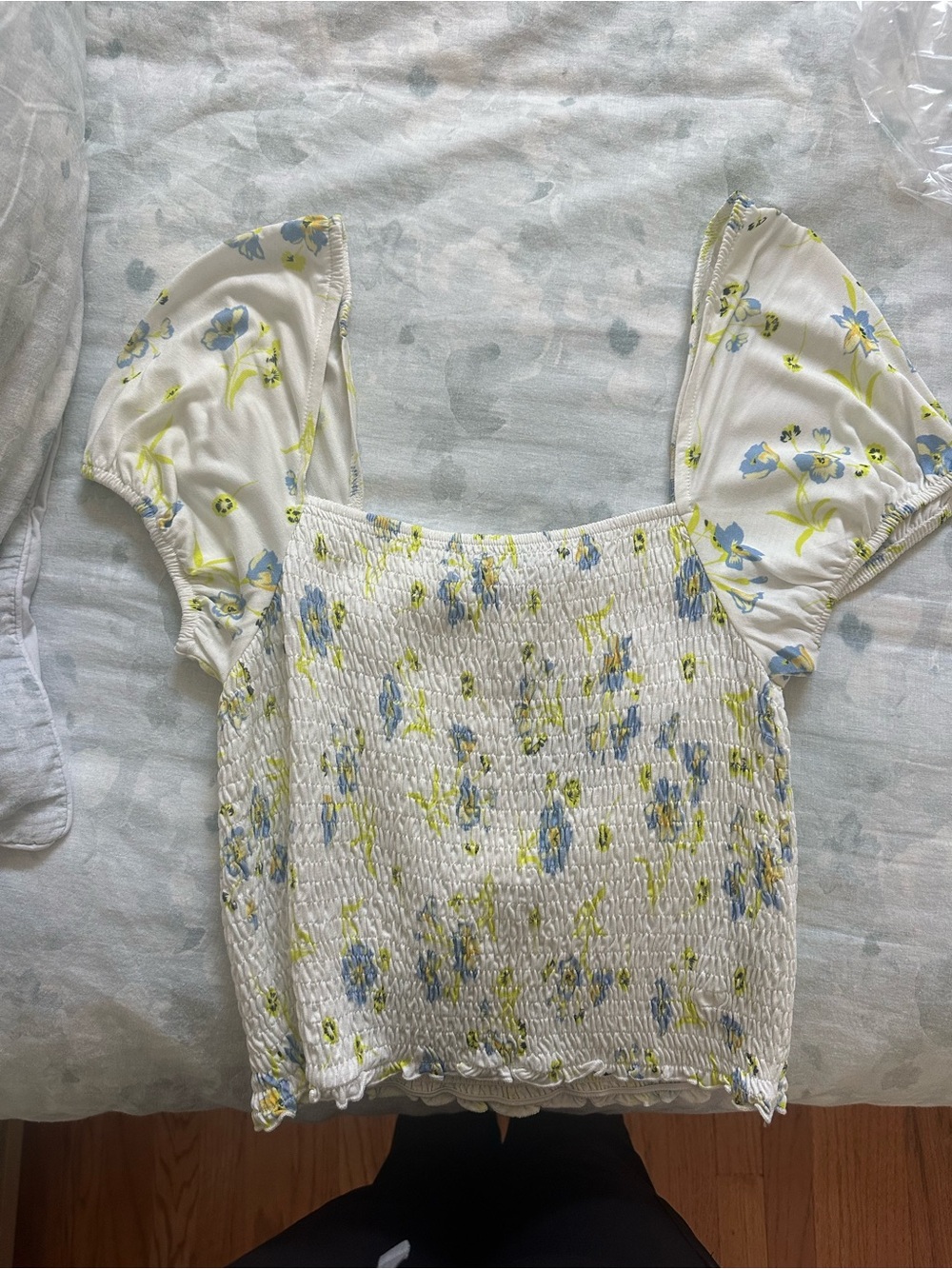 French Connection White Smocked Crop Top with Blue & Lime Floral